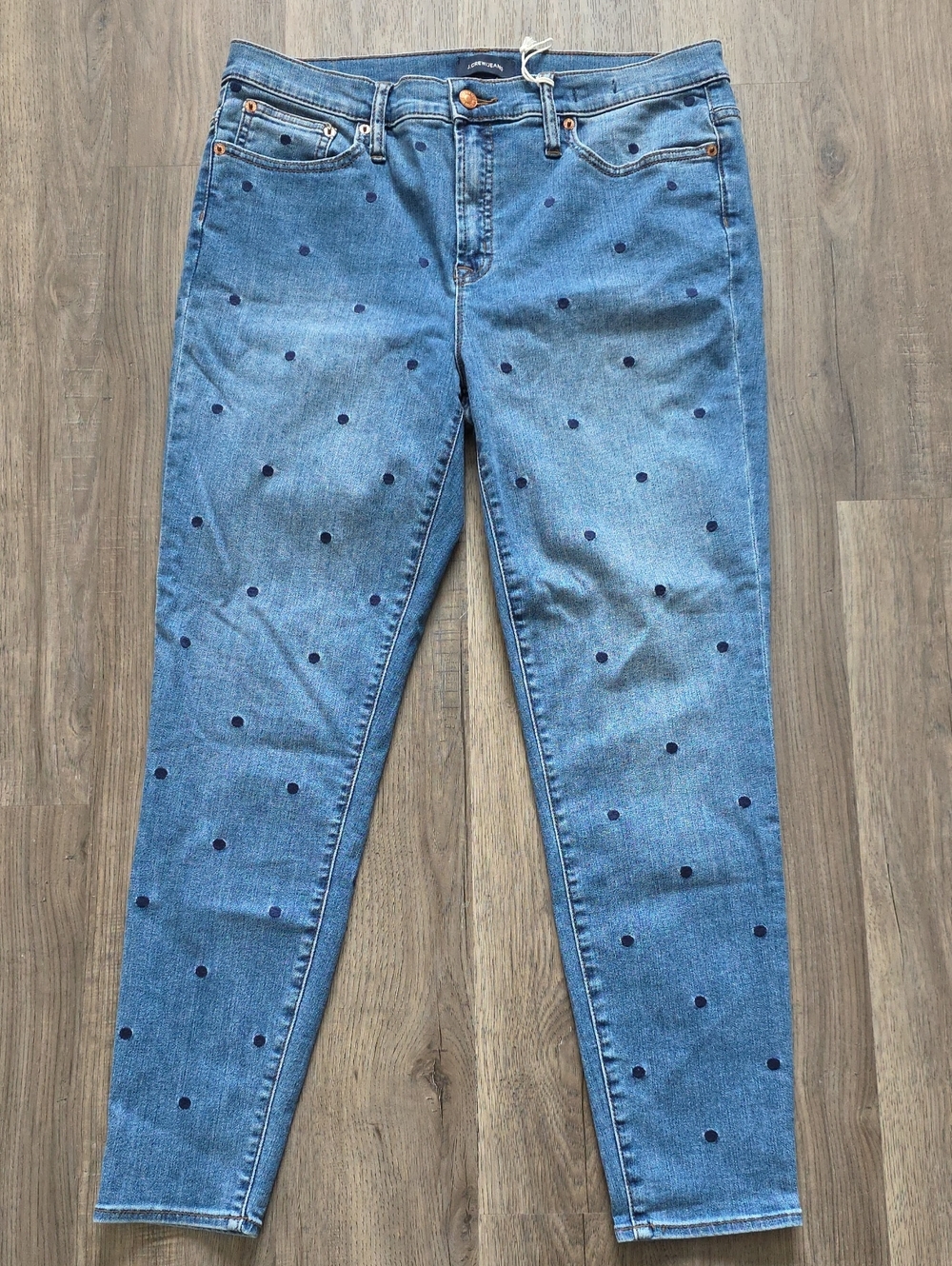 J. Crew Blue Skinny Jeans with Navy Polka Dots 32 NWT